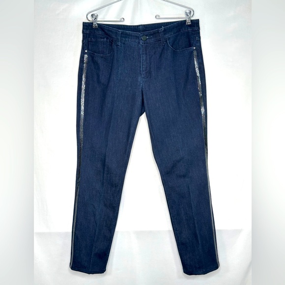 Christopher & Banks Jeans Tuxedo Strip Black Rhinestones Blue Dark Wash Sz 10 - Picture 1 of 10